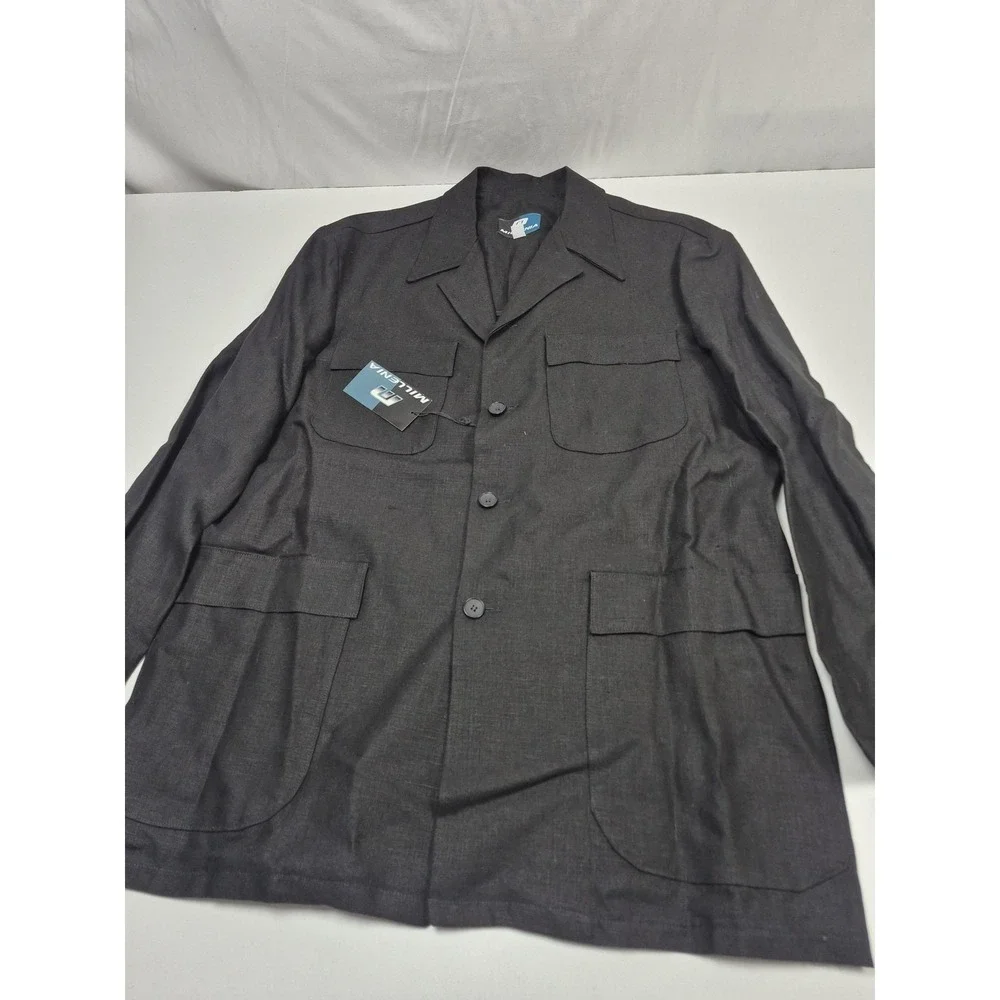 VTG Millenia Suit Mens L Black 100% Linen 2 Piece 36x36 USA NWT Unhemmed Summer
